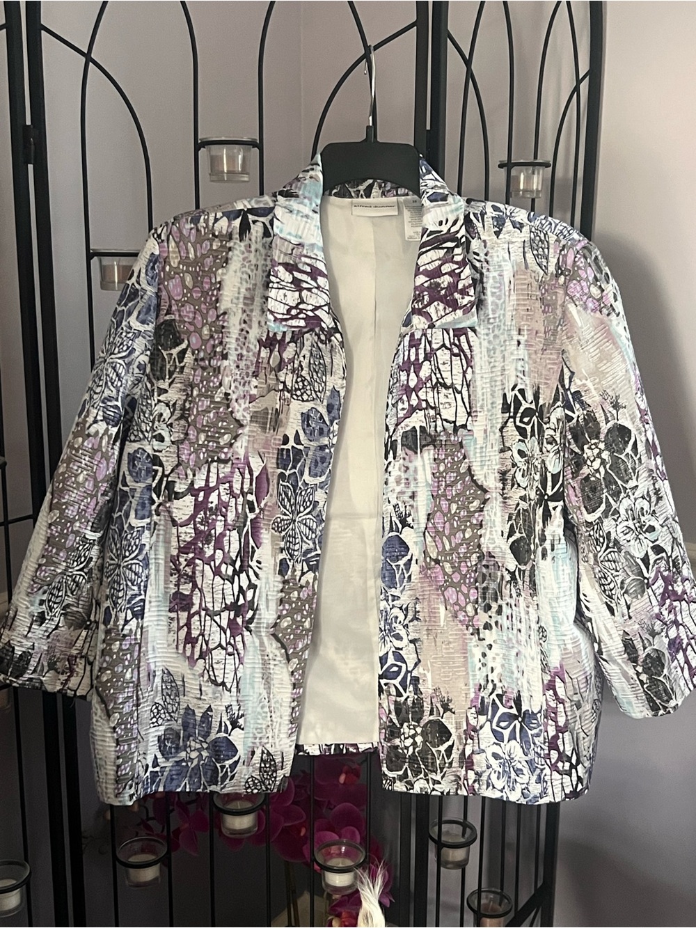 Alfred Dunner Lavender, Gray and Black Floral Open-Front Blazer